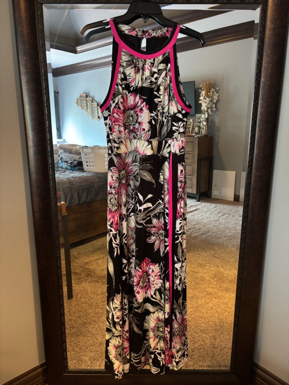 INC International Concepts Black Floral Maxi Dress with Pink Trim